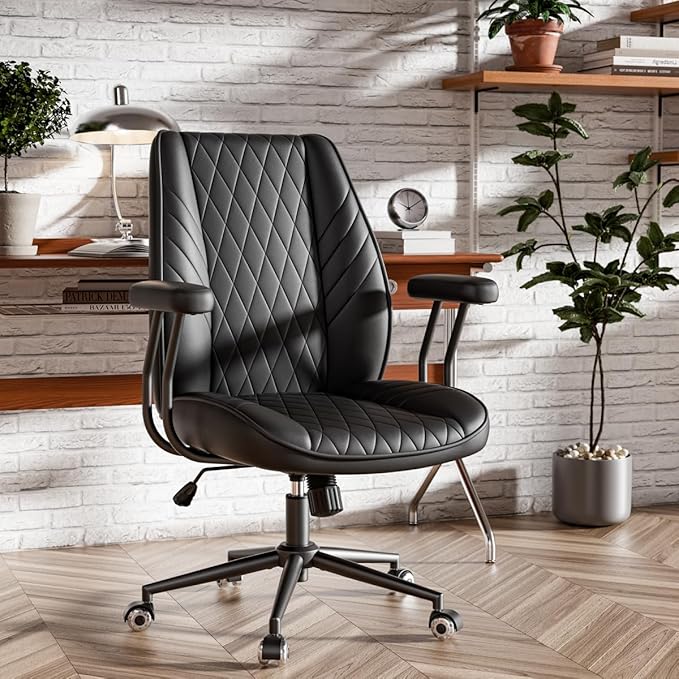 Black Leather Office Desk Chair with Quiet Rubber Wheels, Height Adjustable, Padded Arms, Vintage Mid Century Office Chair, Retro Style Desk Chair