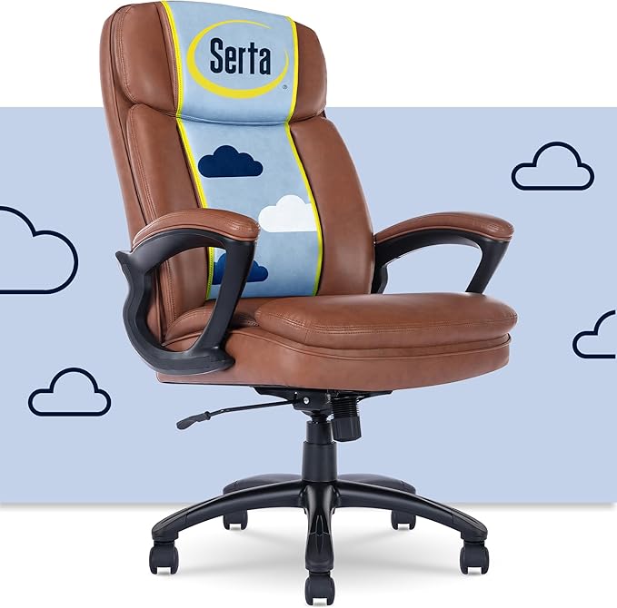 Serta Fairbanks Big & Tall Executive Office Chair, Ergonomic High-Back with Lumbar Support, Semi-Plush Seat Cushion and Body Pillows, Padded Armrests, Nylon Swivel Base, Bonded Leather, Cognac Brown