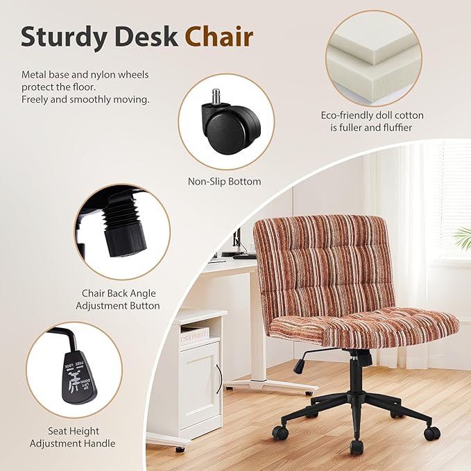 Furnimart 360° Swivel Criss Cross Desk Chair Extra-Thick Cushion, Premium Chenille Cross Legged Chair with Wide Seat & Wheels, Comfy Armless Home Office Chair for Bedroom, Vanity, Sturdy (Dark Brown)