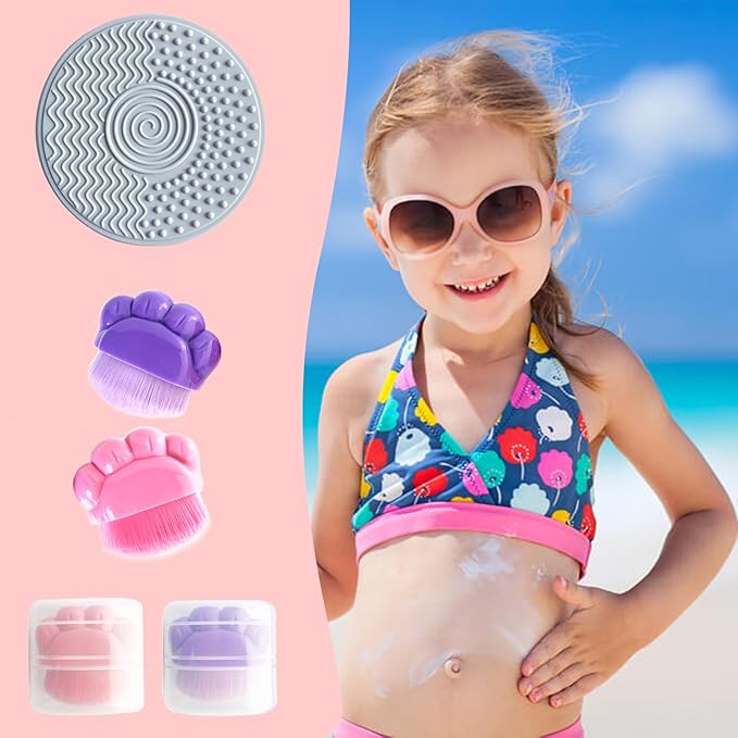 2Pcs Sunscreen Applicator for Kids, Sunblock Brush with Protective Case Sun Lotion Applicator SunCream Brush with Cleaning Pad for Suncream Liquid Foundation, 1.8*1.7 Inch, Purple, Rose Red