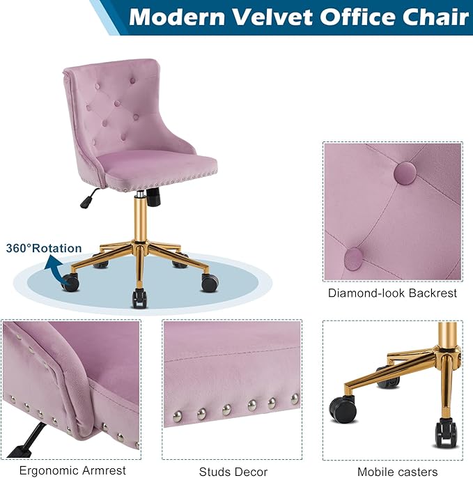 VINGLI Mauve Purple Armless Home Office Desk Chair with Gold Base/Wheels, Small Cute Vanity/Makeup Chair with Back for Bedroom, Upholstered Adjustable Rolling Swivel Nail Chair for Women/Girls