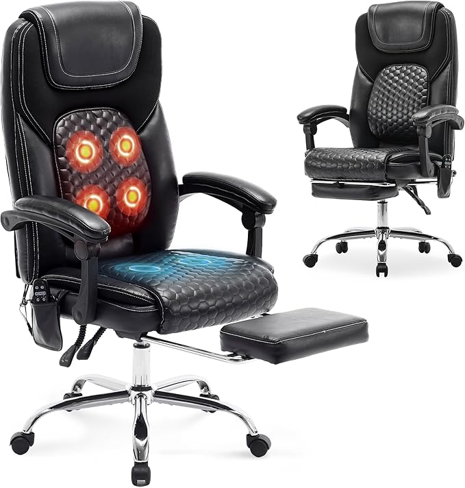 Massage Office Chair with 3-Level Heat and Footrest – 20-Min Easy Assembly, 300 lbs Big and Tall Reclining Desk Chair, PU Leather Ergonomic Executive Computer Chair with Side Pocket, Black