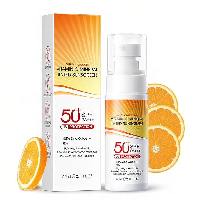Vitamin C Mineral Sunscreen SPF 50, Tinted Sunscreen for Face, Moisturizing Facial Sunscreen with Zinc Oxide, Broad Spectrum UVA/UVB Protection, Non-Greasy, Travel Size (1PC)