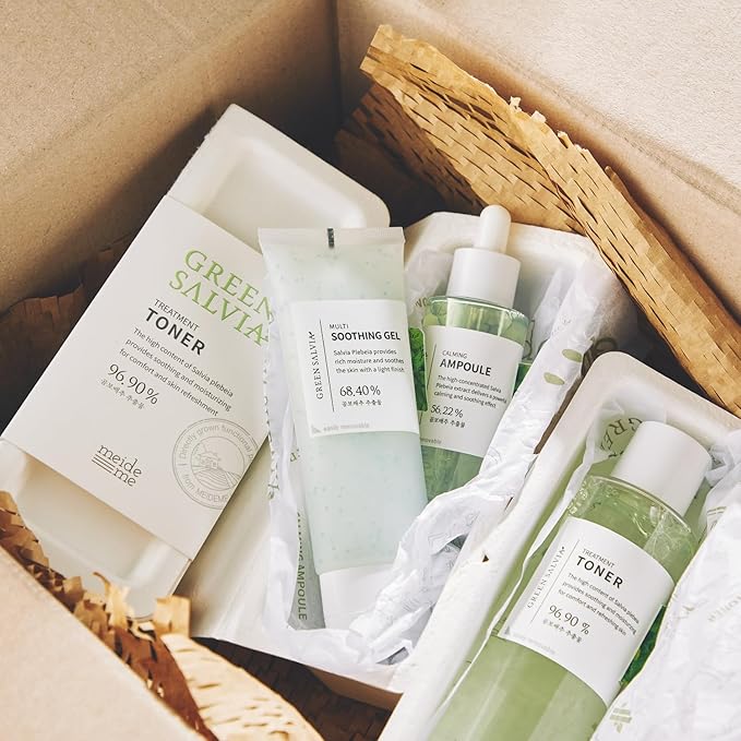 Green Salvia Multi Soothing Gel Moisturizer, Treatment Toner, and Calming Ampoule - Korean Vegan Skincare Bundle for Soothing and Cooling for Sensitive Skin