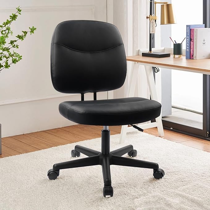 CLATINA Armless Home Office Chair,Small PU Leather Ergonomic Low Back Desk Chair with Lumbar Support and Wheels, Adjustable Height 360° Swivel Rolling Computer Task Chair, Black, 6 Pack