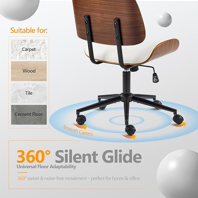 VINGLI Wide Curved Seat&Back Armless Home Office Chair,Ergoromic Adjustable-Height Desk Chair,Swivel&Tilting Function,Stylish Walnut Task Chair for Meeing Room,Dining Room,PU, White