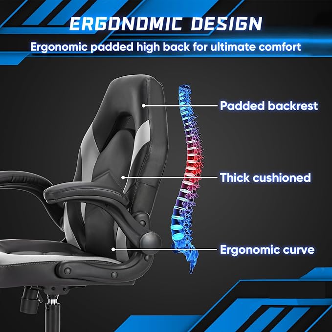 NEWBULIG Computer Gaming Desk Chair - Big Tall Ergonomic Lumbar Support with Flip-up Armrest and 360° Swivel Wheels, PU Leather Height Adjustable, for Home and Office, Grey