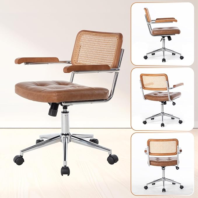 Rattan Office Chairs, Modern Desk Chair with Natural Rattan Back & Wood Armrest, Small Upholstered Tufted Leather Home Office Desk Chairs for Home Ofice, Bedroom, Study (Brown, Genuine leather)