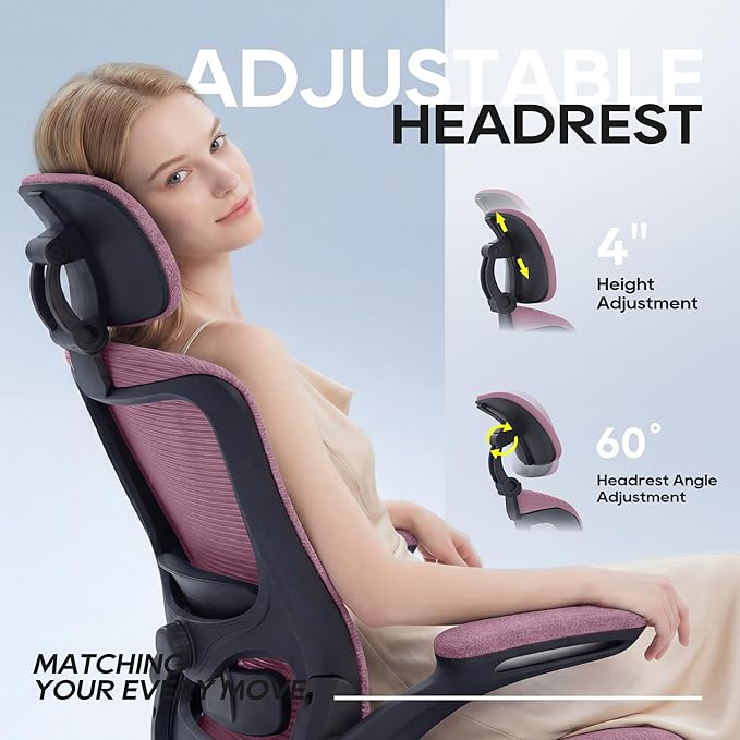 Ergonomic Office Chair, High Back Mesh Desk Chair with Adjustable Lumbar Support & Headrest, Flip-up Armrest, Computer Task Chairs for Home and Executive Office (B-Light Purple)
