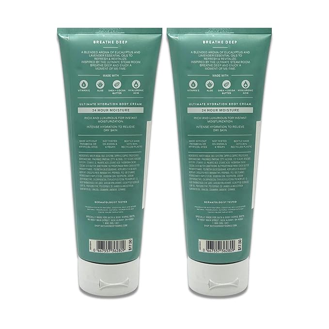 Bath & Body Works - Aromatherapy - Breathe Deep Eucalyptus & Lavender - Ultimate Hydration Body Cream - Pack of 2-8oz