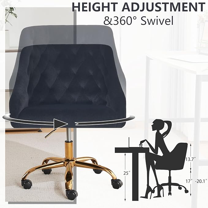 MOJAY Velvet Office Swivel Chair, Vanity Fabric Desk Pretty Fancy Gold Office Chairs for Girls, 360°Swivel Height Adjustable Reception Chair (Black)