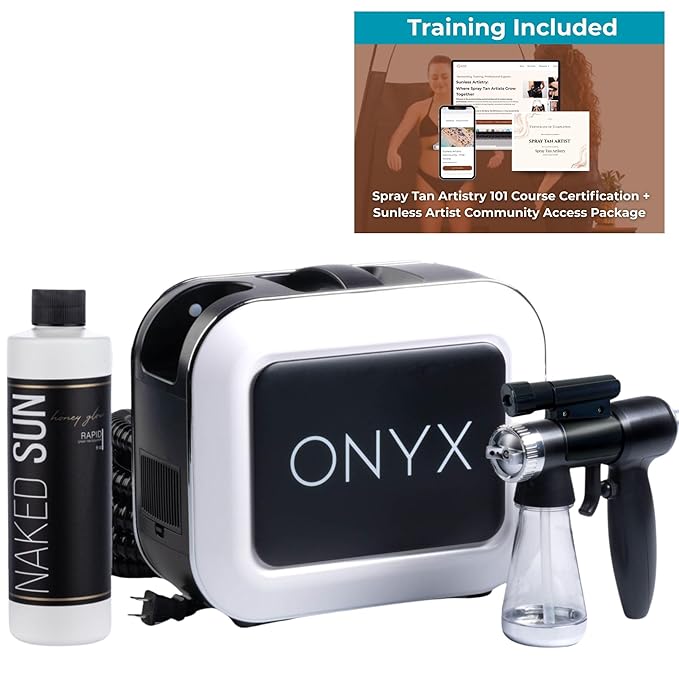 Naked Sun Onyx Spray Tan Machine Professional Tanning Gun with Light Kit and Honey Glow Rapid Develop Tanning Solution and also includes comprehensive Spray Tan Tranning Course.
