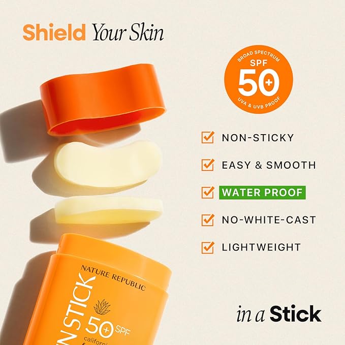 Nature Republic California Aloe Fresh Powdery Sun Stick Broad Spectrum SPF50+ | Korean Sunscreen Travel Size Suncare Sunblock, No Whitecast, non-sticky, Water resistant