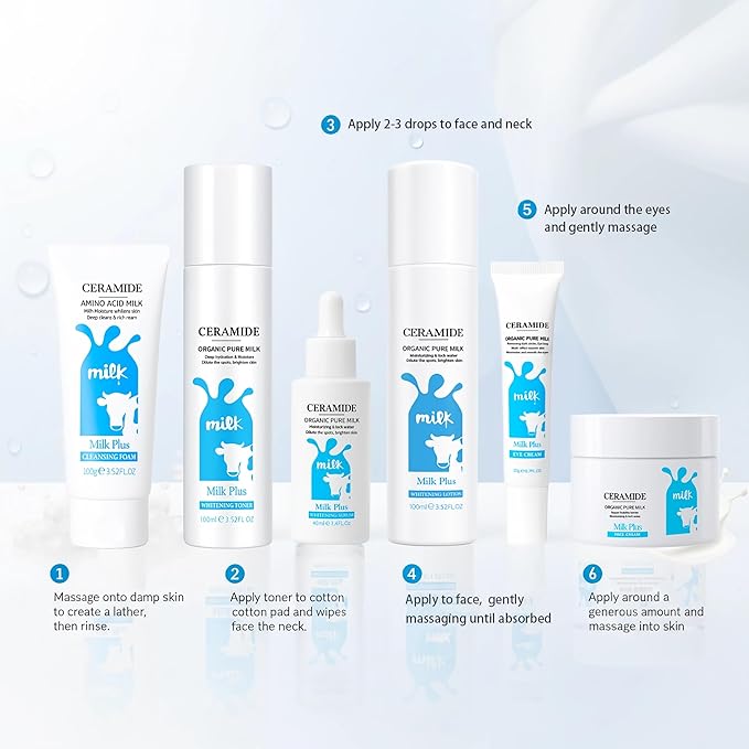 Milk Skin Care Set for Teen Girls, Skincare Gift Kit with Cleanser,Toner,Eye Cream,Serum, Lotion & Face Cream for Hydrating, Brightening, Soothing, All Skin Types