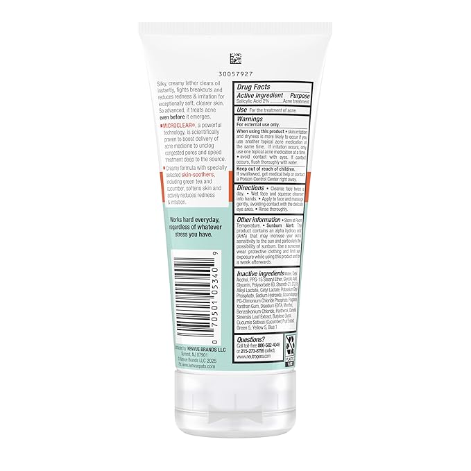 Neutrogena Oil-Free Acne Stress Control Power-Cream Face Wash with 2% Salicylic Acid Acne Treatment Medication, Soothing Daily Acne Facial Cleanser for Acne-Prone Skin Care, 6 foz