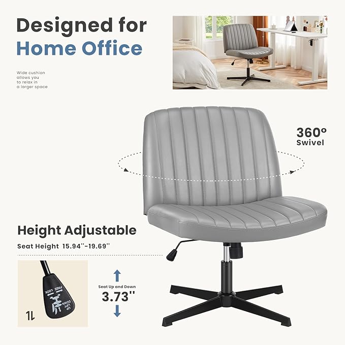 DUMOS Desk Chair No Wheels, Criss Cross Chair Wide Cross Legged Office Desk Vanity Chair, PU Leather Armless Adjustable Swivel Chairs for Home Computer Task,Grey-pu