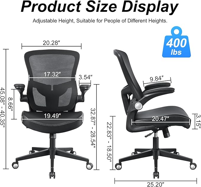 Heavy Duty Office Chair, 400lbs Ergonomic Desk Office Chair for Heavy People, Home Office Desk Chairs with Flip-Up Arms Computer Executive Task Chair with Adjustable Lumbar Support