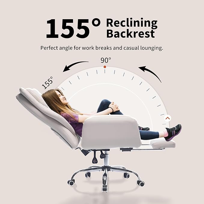 Criss Cross High Back Office Chair with Foot Rest, Ergonomic Cross Legged Desk Chair with Flip-up Armrest, Cozy Reclining 155°Swivel Chair for Home Office, Computer and Entertainment (Beige)