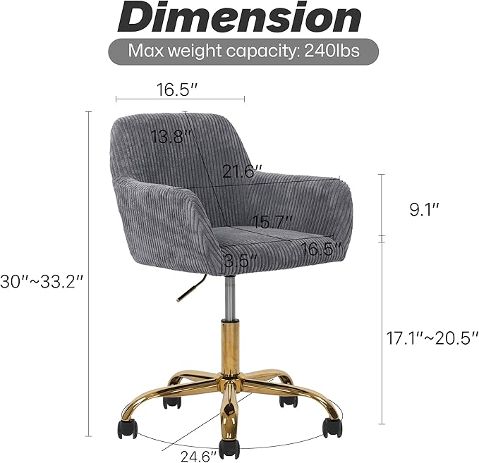 KCC Corduroy Fabric Vanity Makeup Desk Chair, Fluffy Swivel Modern Armchair with Wheels, Upholstered Fuzzy Height Adjustable for Girls Home Office, Gray