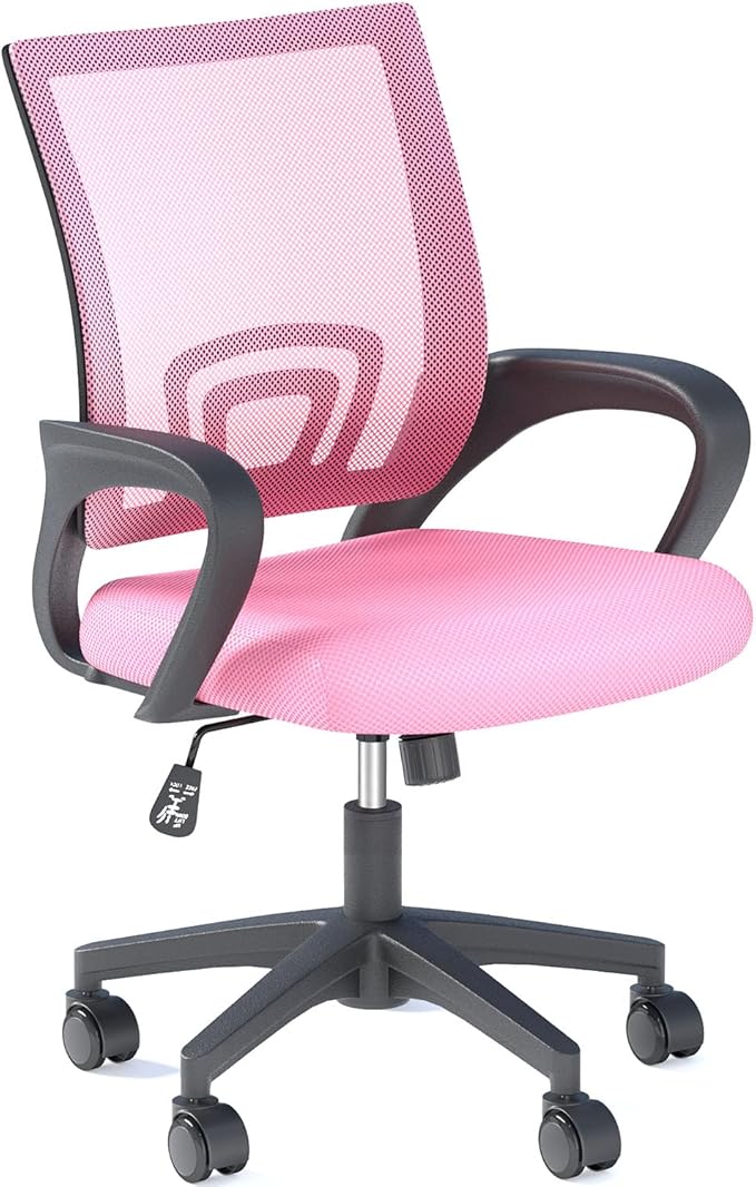 Home Office Chair, Ergonomic Mid-Back Mesh Desk Chair with Lumbar Support, Adjustable Swivel Rolling Design, Comfy Armrest for Work, Study, Gaming, Vanity, Pink