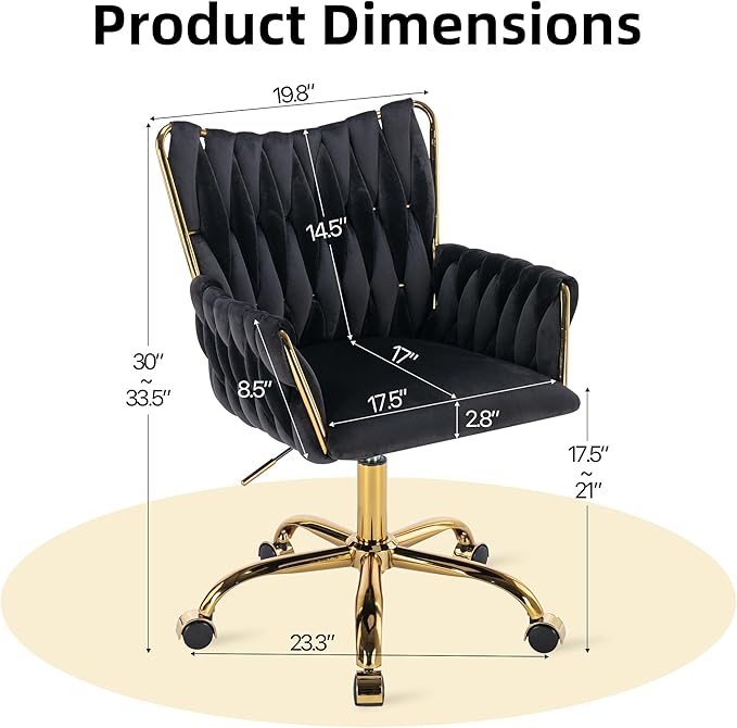 ABET Velvet Desk Chair with Wheels, Cute Upholstered Swivel Office Chair, Modern Gold Rolling Hand Woven Height Adjustable Armchair for Women Girls Home Makeup, Vanity, Nail Salon, Black