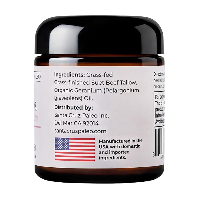 Santa Cruz Paleo, Suet Beef Tallow, Geranium Moisturizer, Organic, Grassfed Beef Tallow Skin Care, Non-Comedogenic Face & Body Moisturizer for Sensitive Skin, Geranium, 3.5 Oz