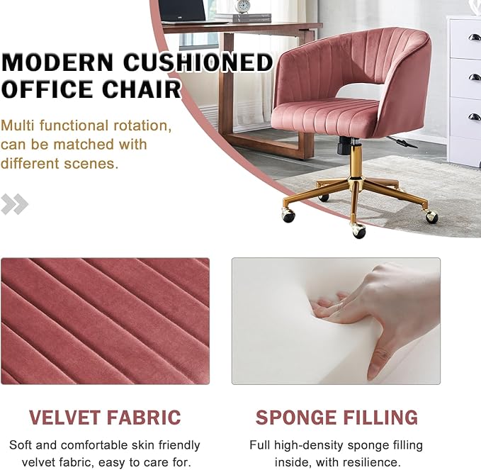 Kiztir Vanity Chair with Wheel, Modern Velvet Home Office Chair with Back, Criss Cross Armchair for Vanity, Living Room, Bedroom and Study (Dusty Pink)