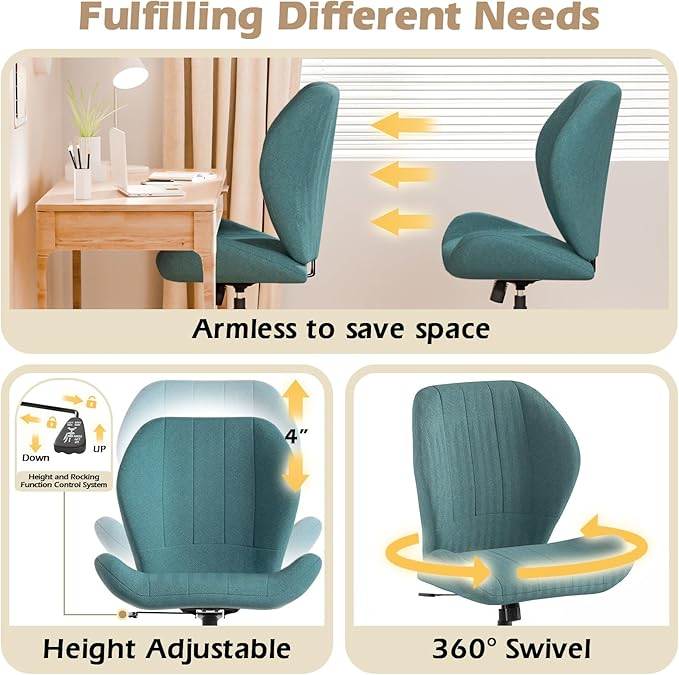 Criss Cross Chair with Wheels, Wide Cross Legged Office Chair Armless Comfy Desk Chair with Tall Back Vanity Chairs with Stress Relief Curved Design Seat for Bedroom & Office & Home Blue