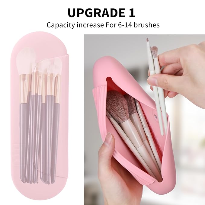 2 IN 1 Silicone Makeup Brush Holder with Beauty Make Up Sponge Holder Case：Soft Portable Cosmetic Face Brushes Holder with Upgrade Anti-Fall Out Magnetic Closure - Pink NEW