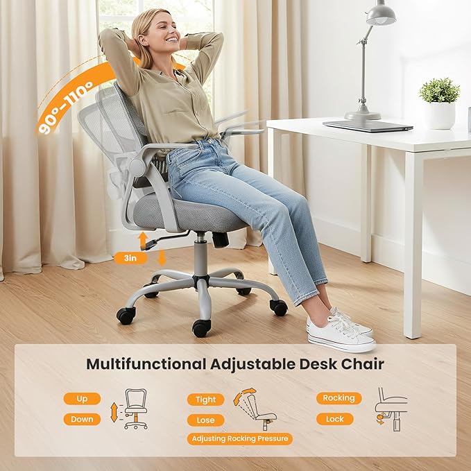 NEWBULIG Office Chair - Ergonomic Desk Chair with Lumbar Support, Mesh Computer Executive Rolling Chairs, Swivel Task Chairs with Wheels, Comfy Flip-up Arms for Bedroom, Study, Student Gray