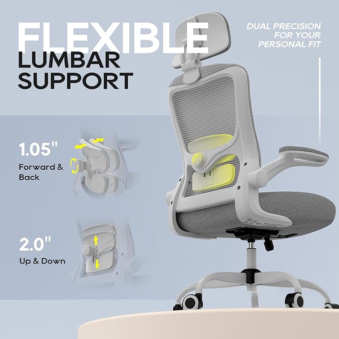 Ergonomic Office Chair, High Back Mesh Desk Chair with Adjustable Lumbar Support & Headrest, Flip-up Armrest, Computer Task Chairs for Home and Executive Office (G-Grey)