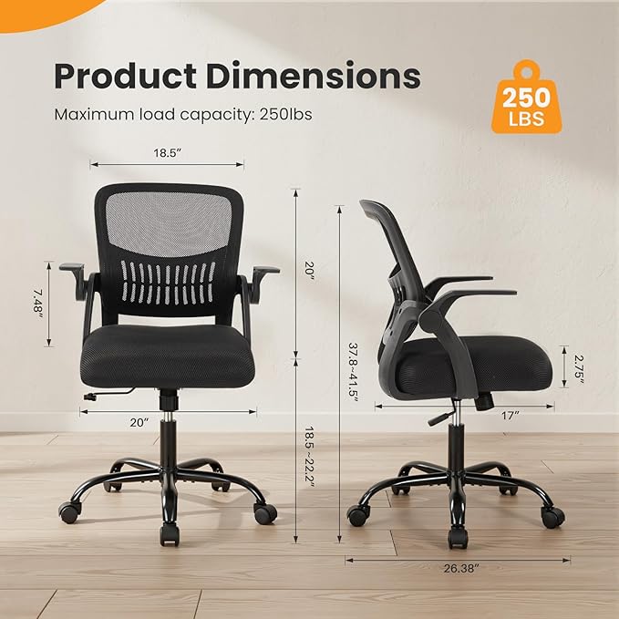 NEWBULIG Office Chair - Ergonomic Desk Chair with Lumbar Support, Mesh Computer Executive Rolling Chairs, Swivel Task Chairs with Wheels, Comfy Flip-up Arms for Bedroom, Study, Student Black