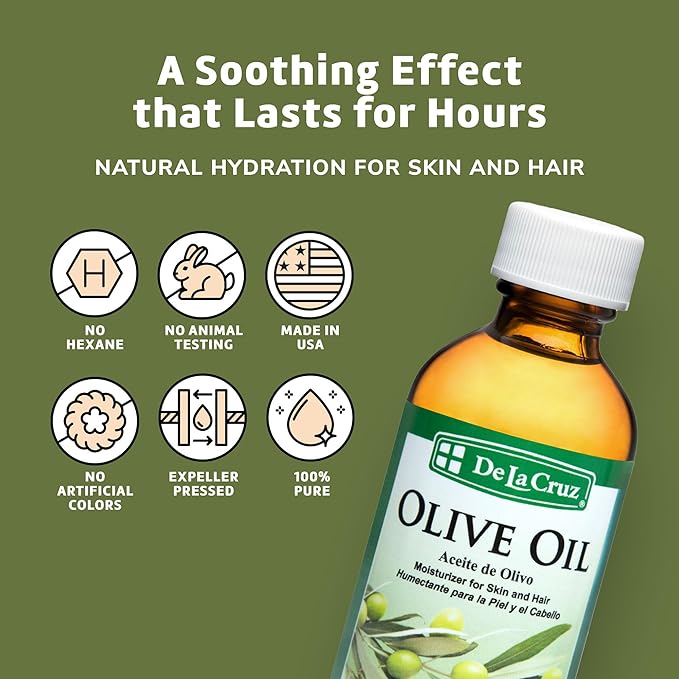 De La Cruz 100% Pure Olive Oil Expeller Pressed for Hair and Skin Lightweight Hair Oil and Moisturizer for Dry Skin and Beauty 2 Fl Oz (2 Bottles)