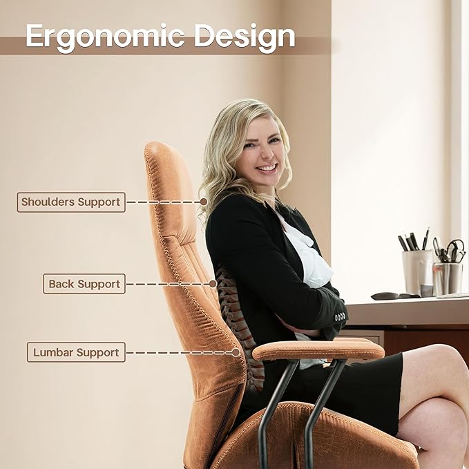 HOOOWOOO Faux Suede Leather Home Office Desk Chair,MCM Modern Ergonomic Task Work Chair,Computer Gaming Chair with Cushion Seat Lumbar Support Reclining High Back for Long Hours(Brown)
