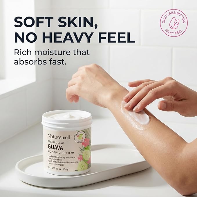 NATURE WELL Guava Fresh & Dewy Body Cream Moisturizer, Infused with Natural Oils & Extracts, Non-Greasy, Light, Helps Lock in Moisture, Enriched with Tropical Fruit Essence for a Healthy Glow, 16 Oz