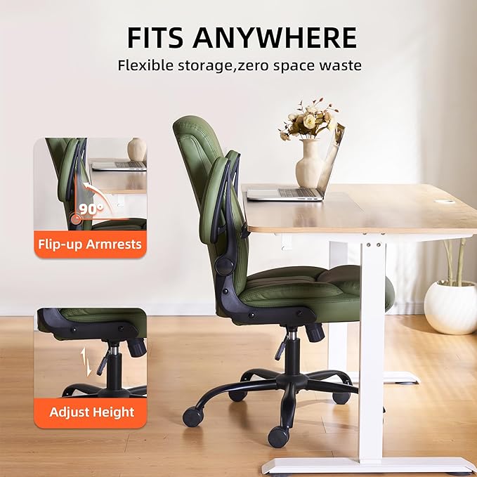Home Office Ergonomic Desk Chair - Comfy Leather Executive Chair with Flip-Up Armrests, Lumbar Support, 360° Swivel & Rocking (Green)