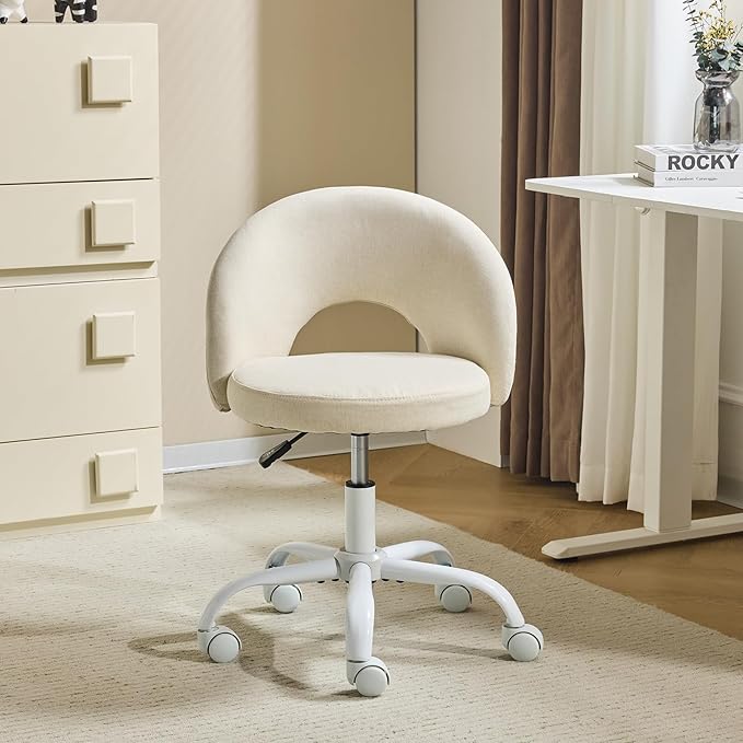VINGLI Small Vanity Chair with Wheels for Girls.Cute Modern Adjustable Height Armless Office Desk Chair.360°Swivel Comfy Rolling Chair for Study, Make up Room,Small Space,Linen Light Yellow