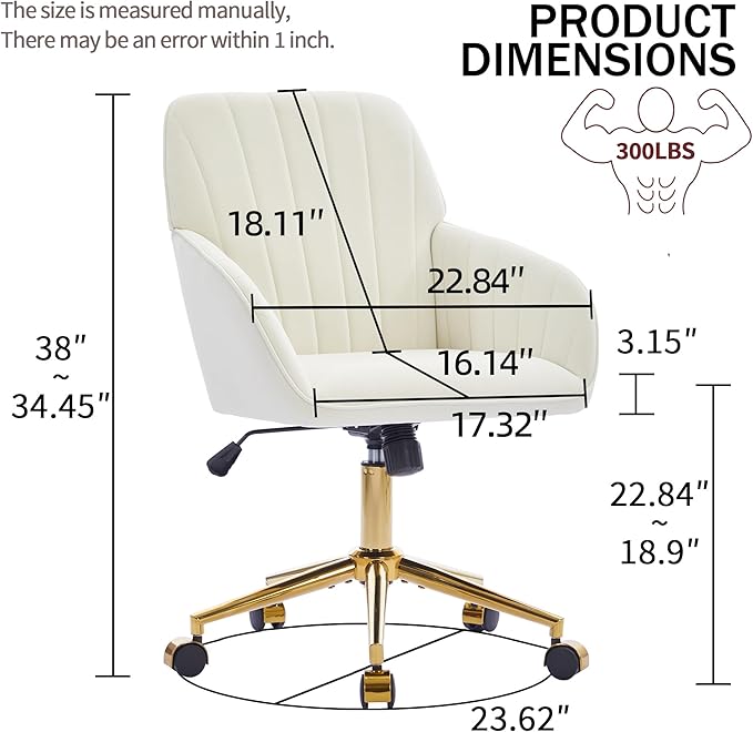Velvet Home Office Desk Chair, Modern Cute Computer Task Chair with Back, Height Adjustable Upholstered Vanity Chair with Swivel Wheels for Women, Girls (Gold Base, Cream