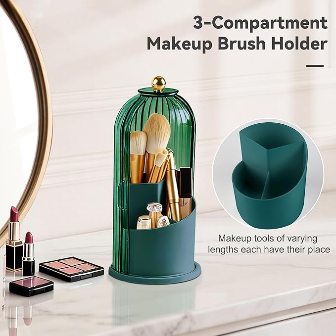360° Rotating Makeup Brush Holder with Lid, Waterproof Three-Compartment Makeup Organizer, 180° Side-Pull Door Desk Organizer, Dustproof Brush Holder for Vanity and Bathroom (Green)