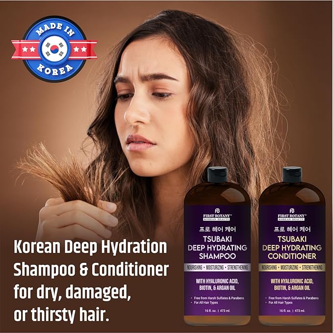 Korean Tsubaki Deep Hydrating Shampoo & Conditioner Set – With Hyaluronic Acid, Biotin & Argan Oil – Nourishing, Moisturizing – Sulfate & Paraben Free – For All Hair Types, 16 fl oz