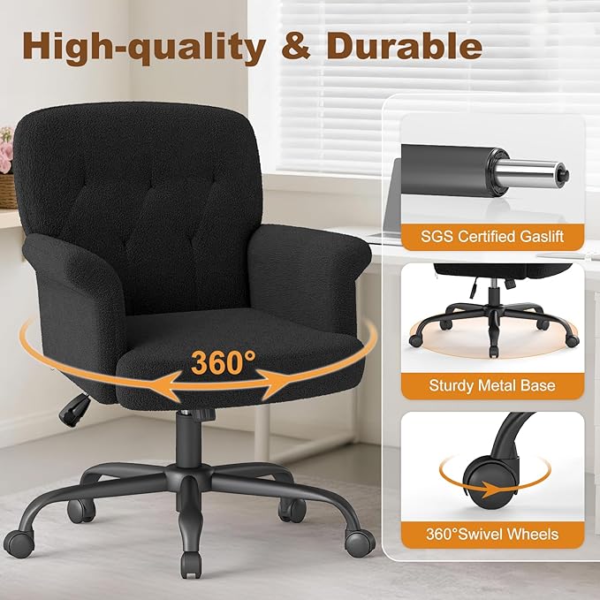Comfy Home Office Desk Chair, Upholstered Fuzzy Vanity Chair with Wheels and Arms, Modern Adjustable Swivel Computer Seat for Living Room, Bedroom, Make Up, Home Office, Teddy Fleece, Black
