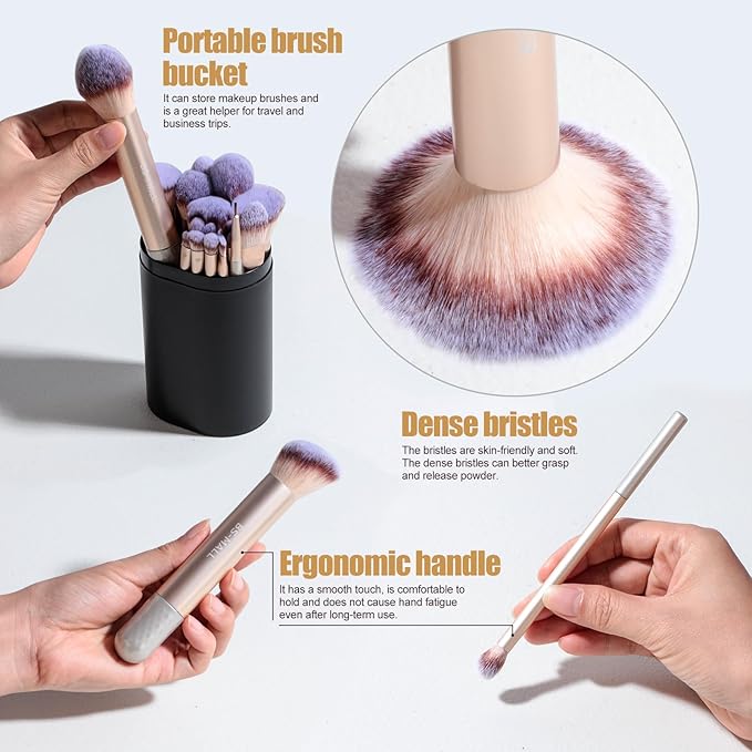 BS-MALL 21 Pcs Professional makeup brush set with foundation brush for liquid Makeup, eyeshadow Brush, concealer brush - Includes 6 Triangle Puffs & case for Even, Multi-purpose application (Golden)