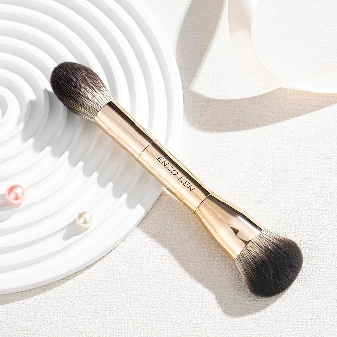 Double Ended Blush and Bronzer Brush, Makeup Brush for Blush Makeup, Double Sided Makeup Brushes, Cream Contour Brush Gold, Fluffy Bronzer Blush Brush for Cheeks, Bronzing - 124B