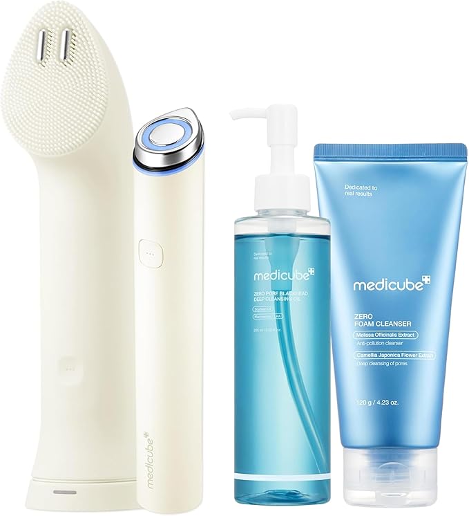 medicube Ultimate Double Cleansing Set: Mini Booster Pro Plus Cleansing Device Set (Beige), Zero Pore Blackhead Cleansing Oil and Zero Foam Cleanser