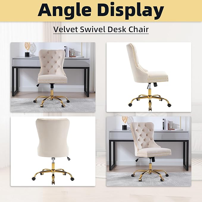 ABET Desk Chair with Wheels, Velvet Gold Office Chair Armless Swivel Chair with Tufted High Back Rivet Trim, Comfy Upholstered Ergonomic Computer Chair for Bedroom, Beige