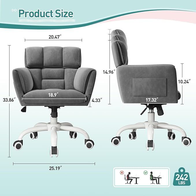 Home Office Chair with Wheels Soft-Touch Material,Modern Cute Vanity Chair with Back Adjustable Height Upholstered Comfy Desk Chairs with Side Pockets for Bedroom,Grey