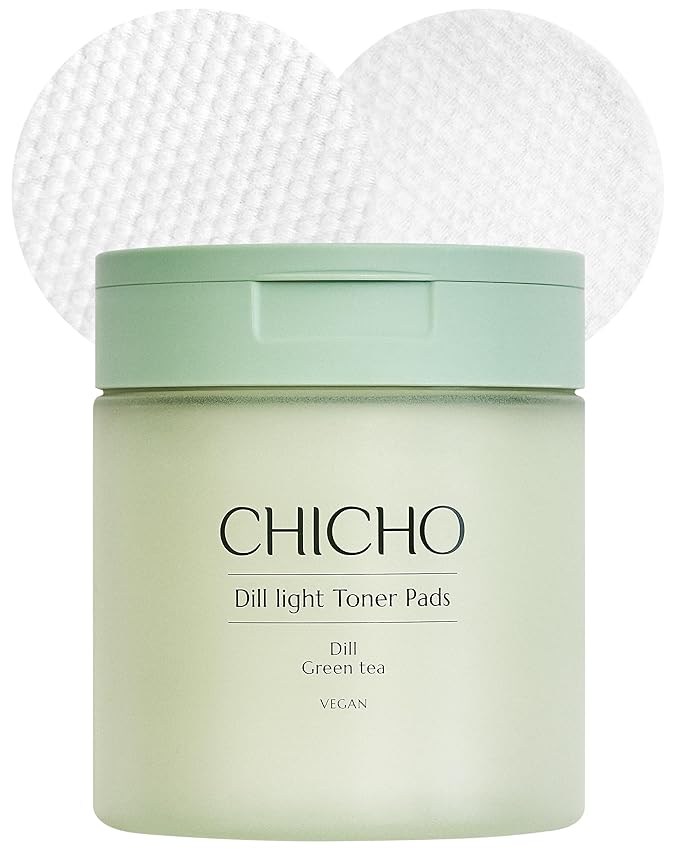 CHICHO Dill Light Toner Pads (80 Pads) – Jumbo 7cm OEKO-TEX Standard 100 Class I 100% Cotton Dual-Sided Pads for Rough Texture & Makeup Prep – 82.9% Dill Extract, Face Exfoliating and Moisturizing