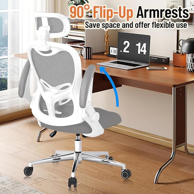 Office Chair, Ergonomic Breathable Mesh Chair,Flip-Up Arms and Adjustable High Back Lumbar Support,Comfy Computer Chair for Home Office (Grey, 407)