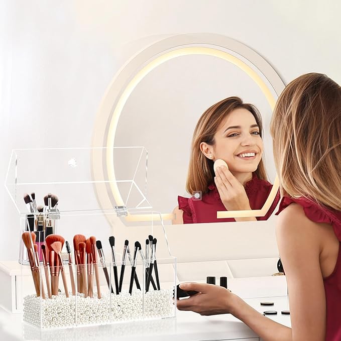 Acrylic Makeup Organizer, Clear Cosmetic Brush Storage Box With 4 Brush Holders (Pearl not included),Makeup Brush Holder with Dust Cover, Large-capacity Split Design Organize the Desktop