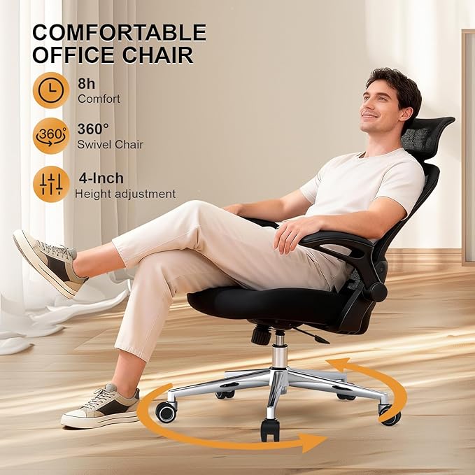 Office Chair, Ergonomic Breathable Mesh,Flip-Up Arms and Adjustable High Back Lumbar Support,Comfy Computer Chair for Home Office (Black, 407)